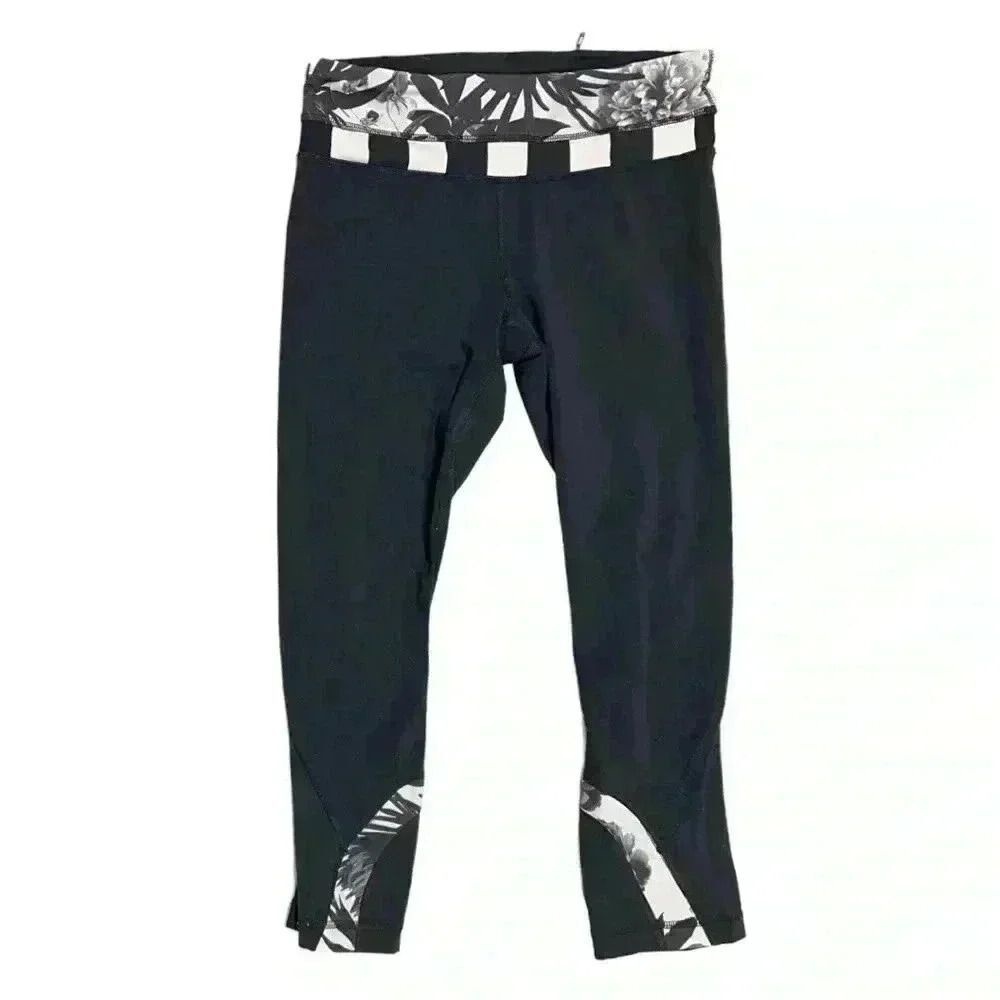 LULULEMON RUN: Inspire Crop II Leggings Black / Brisk Bloom Black White. Sz 4‎